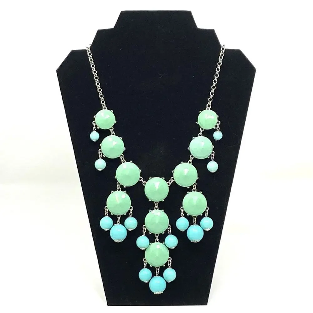 Large Turquoise Teal Green Beaded Necklace ~ Adjustable Silver Chain ~ Beads